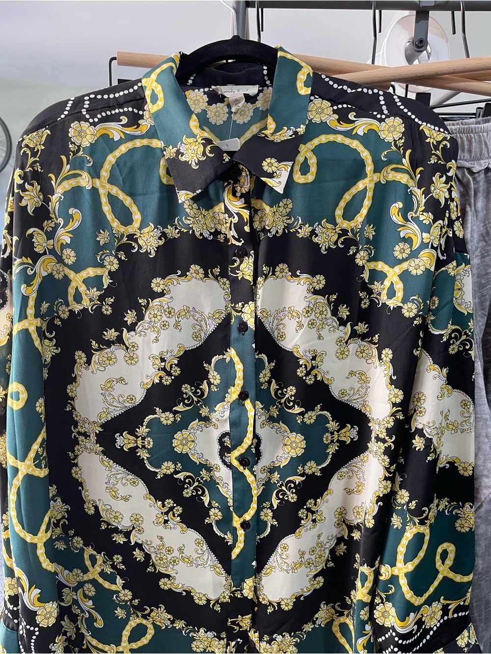 Black Green Gold Print Button-Up Blouse
